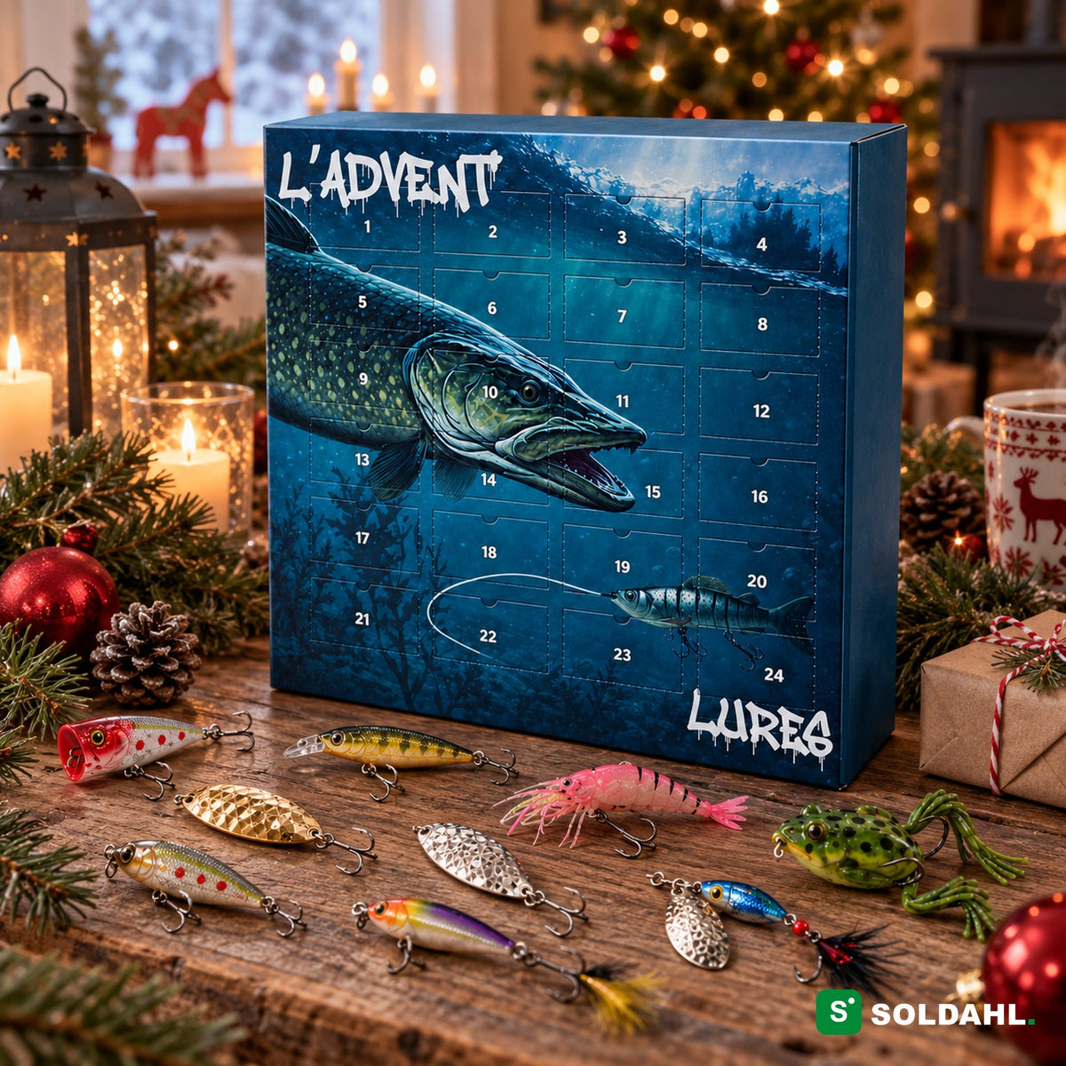 Fiskekalenderen i julemiljø med sluk på bordet