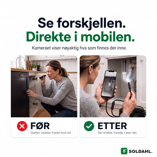Se forskjellen direkte i mobilen, før og etter med inspeksjonskameraet