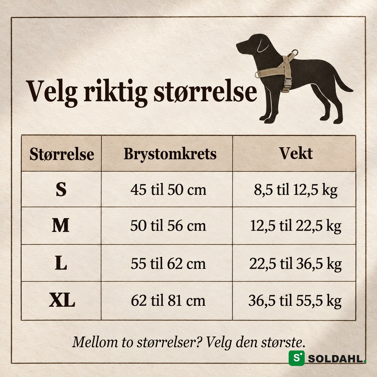 Størrelsesguide for antitrekksele: S, M, L og XL med brystomkrets og vekt