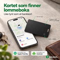 Svart sporingskort i bankkortformat ved siden av en telefon som viser lommebokas posisjon på kartet