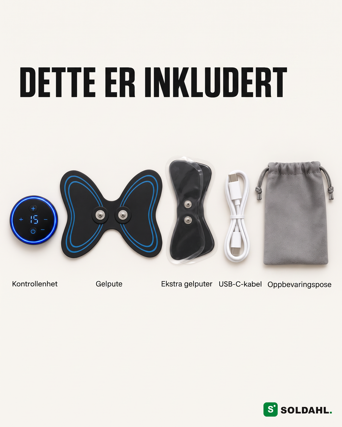 Dette følger med: kontrollenhet, gelpute, ekstra gelputer, USB-C-kabel, oppbevaringspose