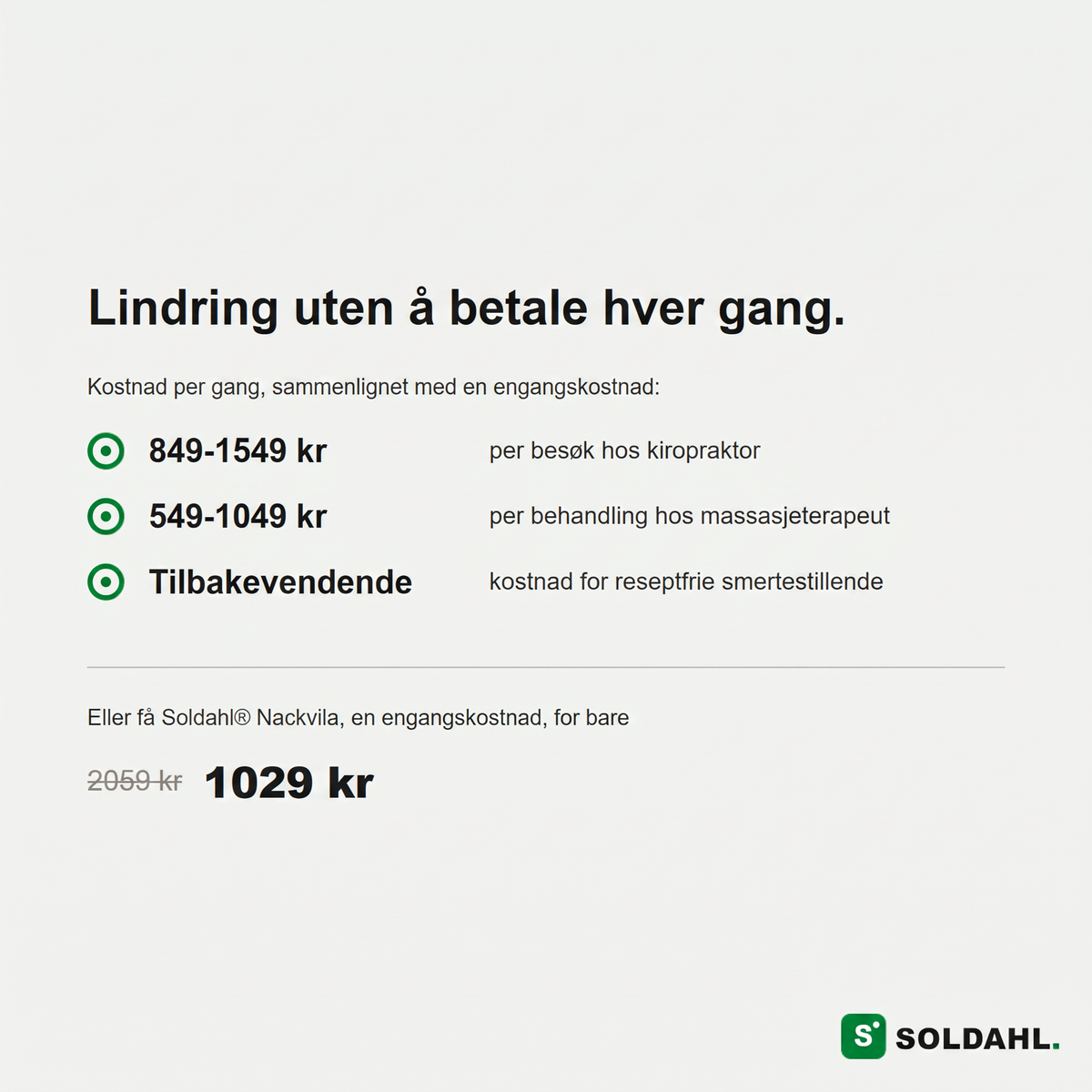 Kostnadssammenligning: Soldahl® Nackvila engangskostnad mot kiropraktor og massasje