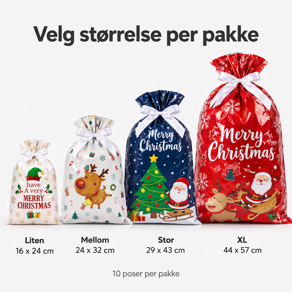Størrelser liten 16x24, mellomstor 24x32, stor 29x43 og XL 44x57 cm