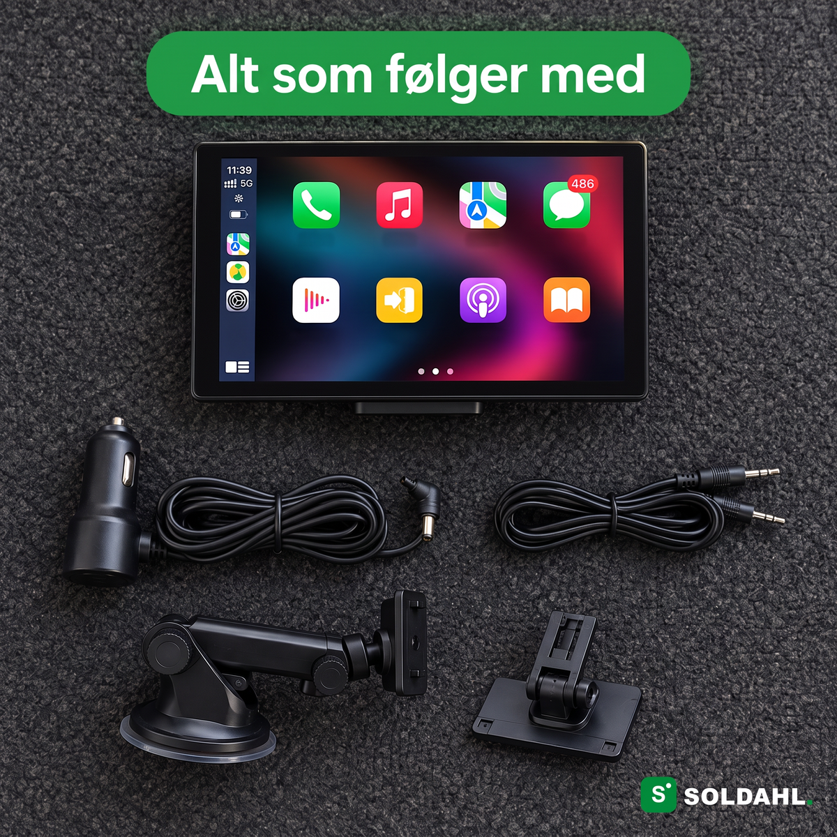 Alt som følger med Veiro: skjerm, sugekoppfeste, dashbordfeste, 12V-kabel og AUX-kabel