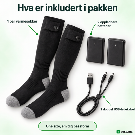 Dette følger med: varmesokker, to batterier og dobbel USB-ladekabel