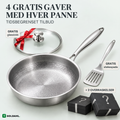 Soldahl Stekro stekepanne i titan med polert stålhåndtak, glasslokk med rødt bånd, stekespade og to gaveesker, gratis gaver med hver panne