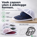 Kepsform vaskeramme med marineblå caps i meshpose, vask capsen uten å ødelegge formen
