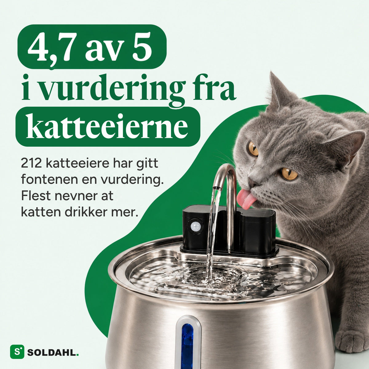 Katt drikker av den trådløse kattevannfontenen, karakter 4,7 av 5