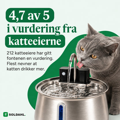 Katt drikker av den trådløse kattevannfontenen, karakter 4,7 av 5
