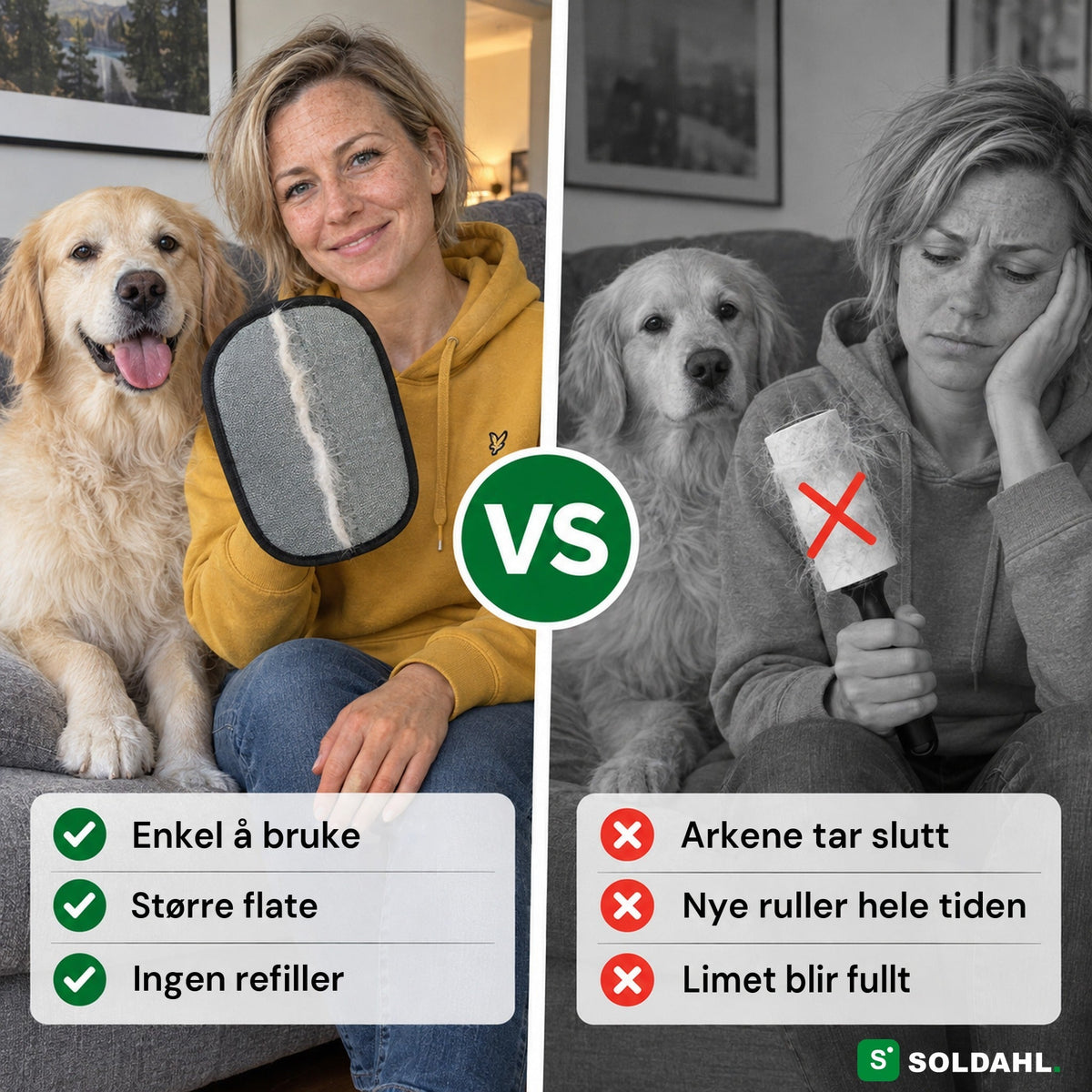 Kvinne med golden retriever viser dyrehårvotten ved siden av en lorulle full av hundehår