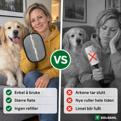 Kvinne med golden retriever viser dyrehårvotten ved siden av en lorulle full av hundehår