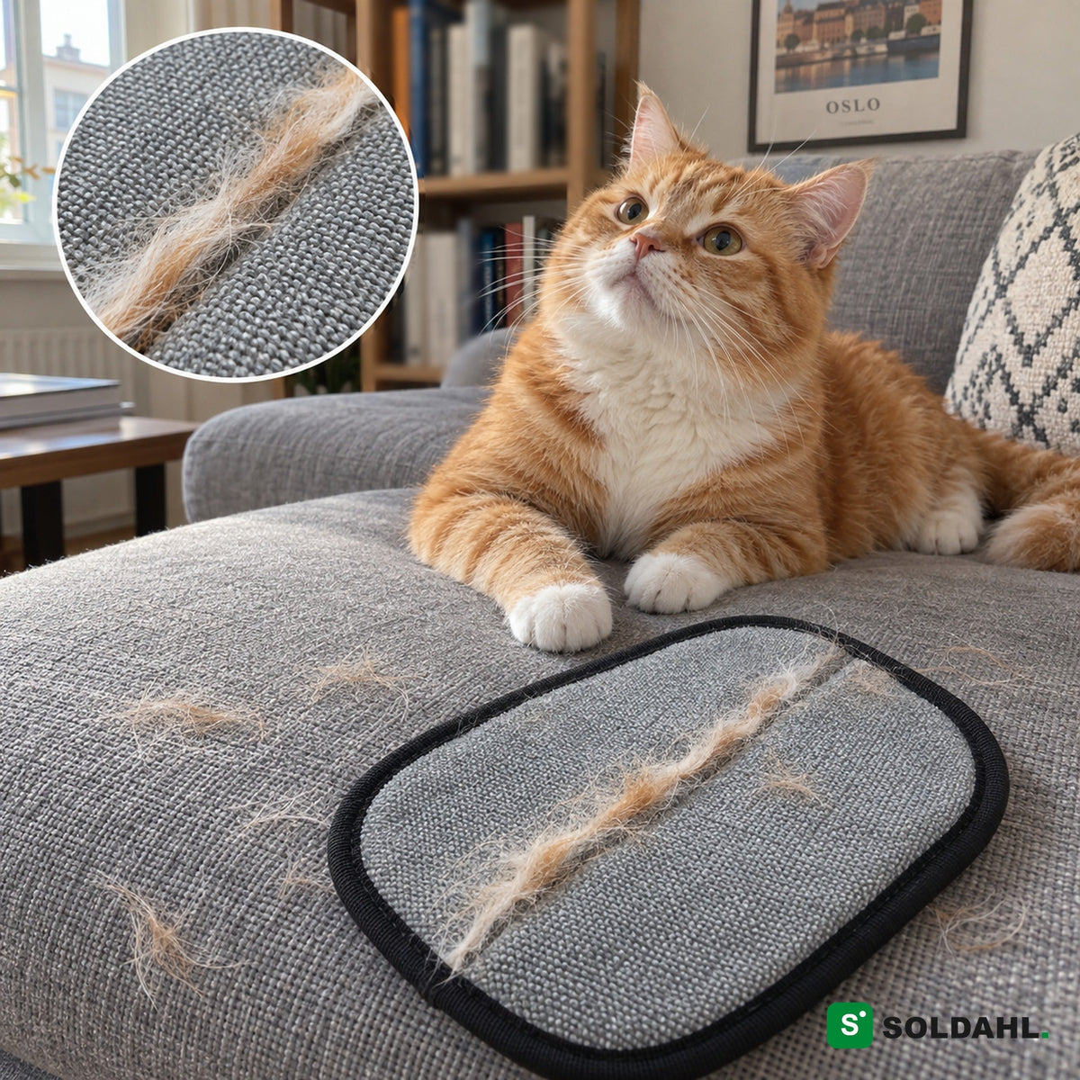 Oransje katt i grå sofa ved siden av votten med en streng kattehår på den grå siden
