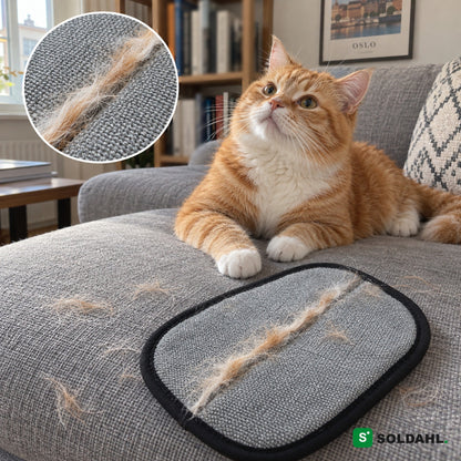 Oransje katt i grå sofa ved siden av votten med en streng kattehår på den grå siden