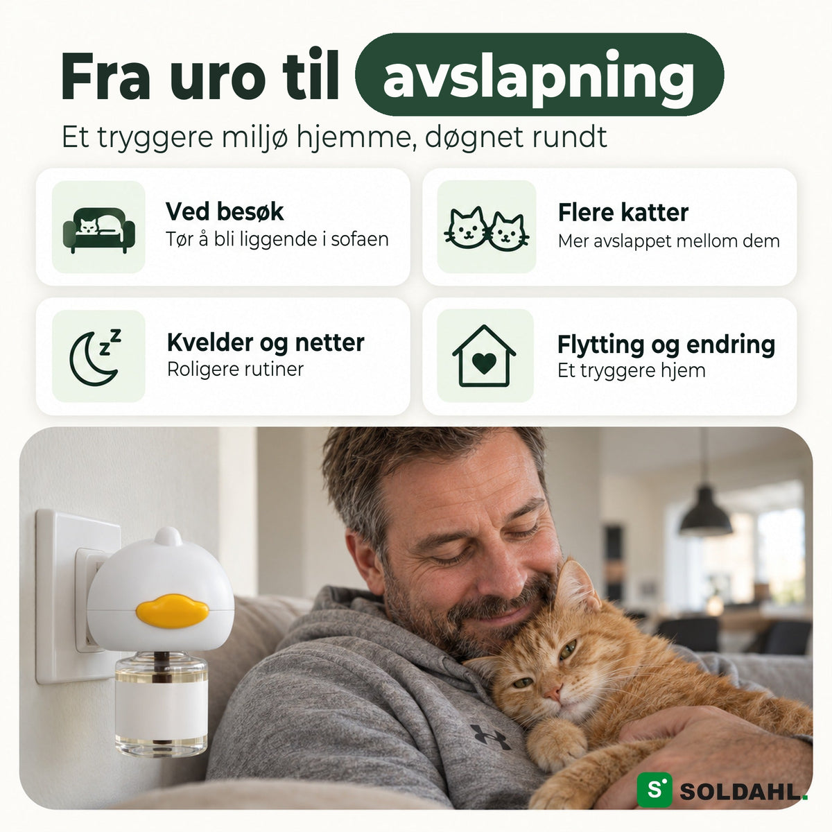 Mann koser med katten sin i sofaen mens Lugnhem sitter i stikkontakten