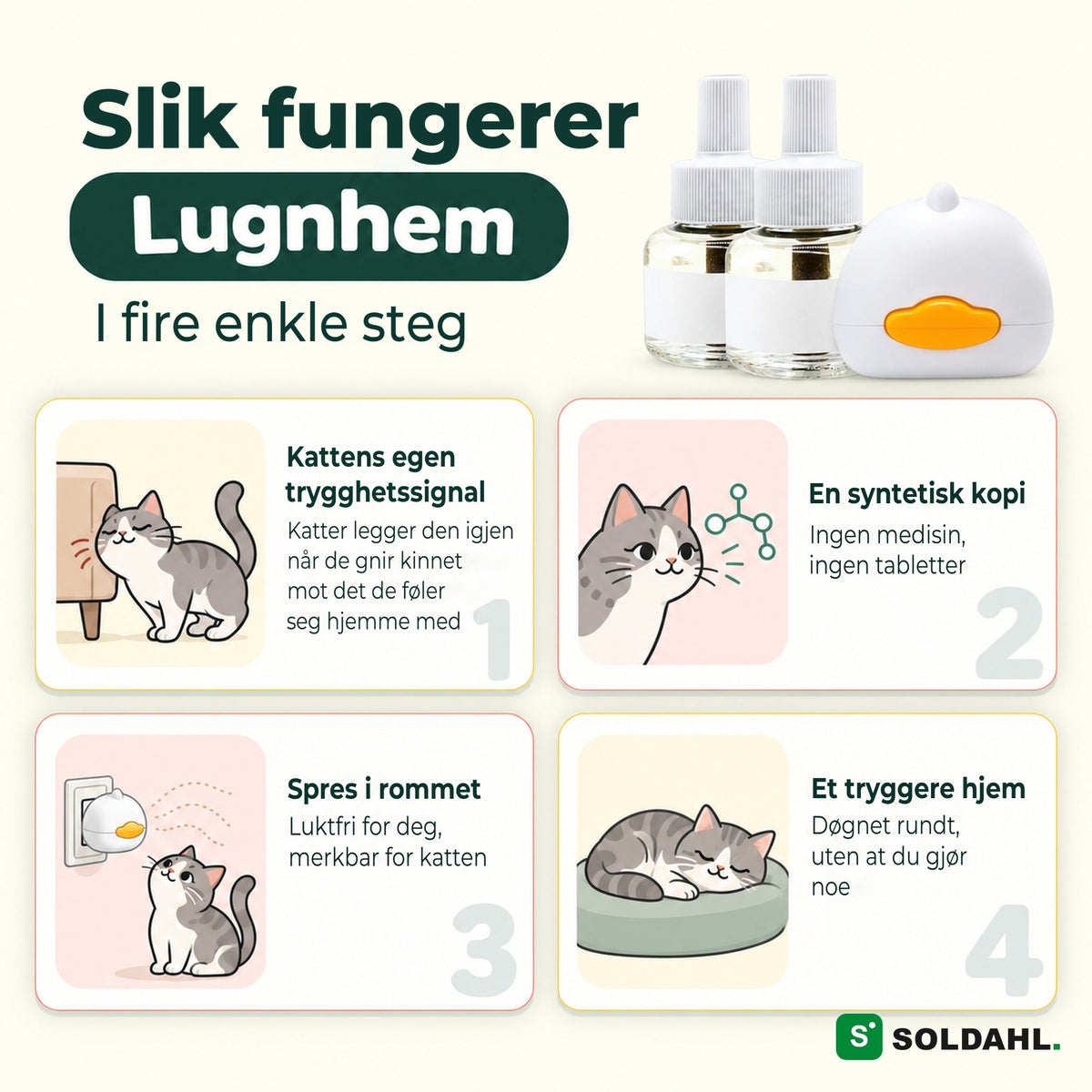 Slik fungerer Lugnhem i fire trinn, fra kattens eget trygghetssignal til et tryggere hjem