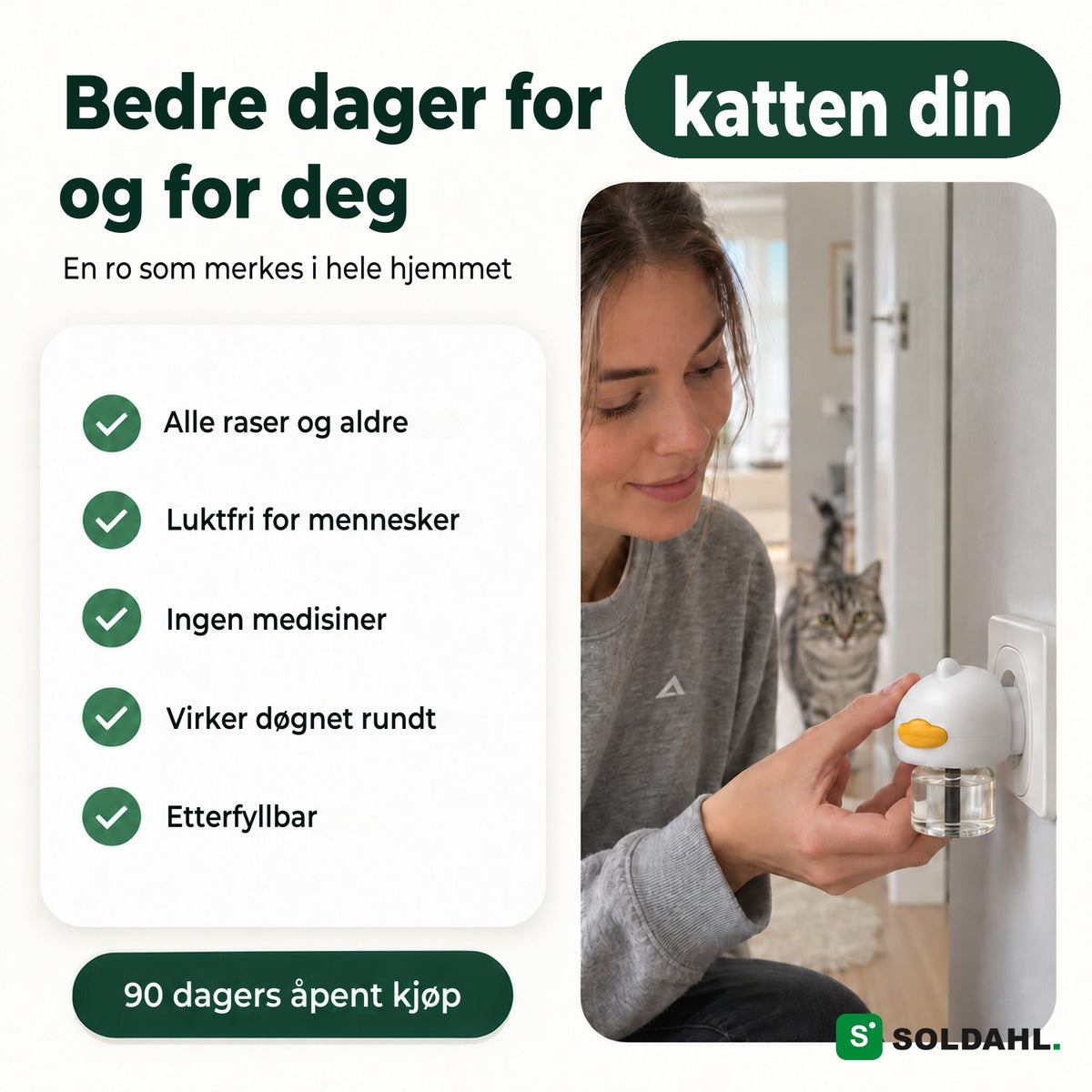 Kvinne setter Lugnhem i stikkontakten, luktfri for mennesker og uten medisiner