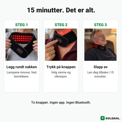 Tre steg: legg rundt nakken, trykk på knappen, slapp av i 15 minutter