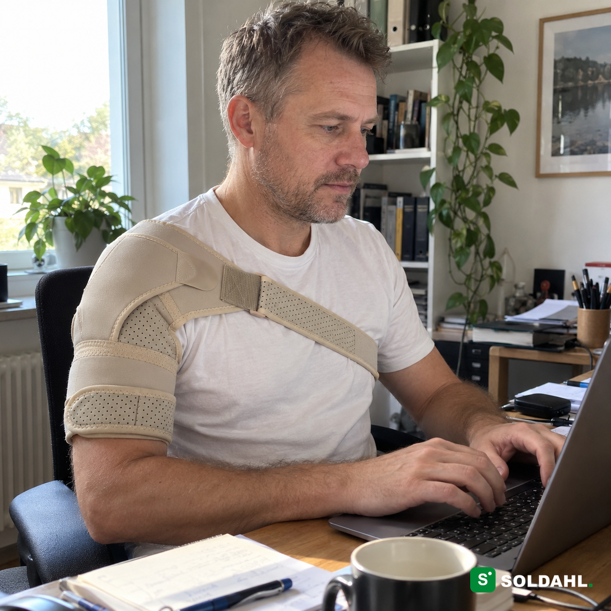 Mann med Soldahl Axello skulderstøtte ved laptopen