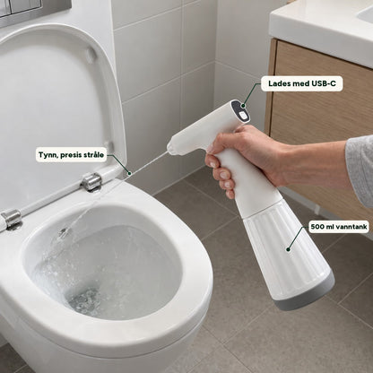 WC-spyler sprøyter en tynn vannstråle i toalettskålen, lades med USB-C, 500 ml tank