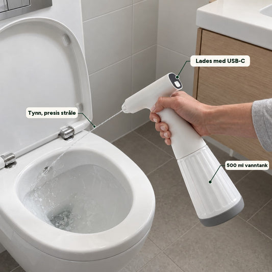 WC-spyler sprøyter en tynn vannstråle i toalettskålen, lades med USB-C, 500 ml tank