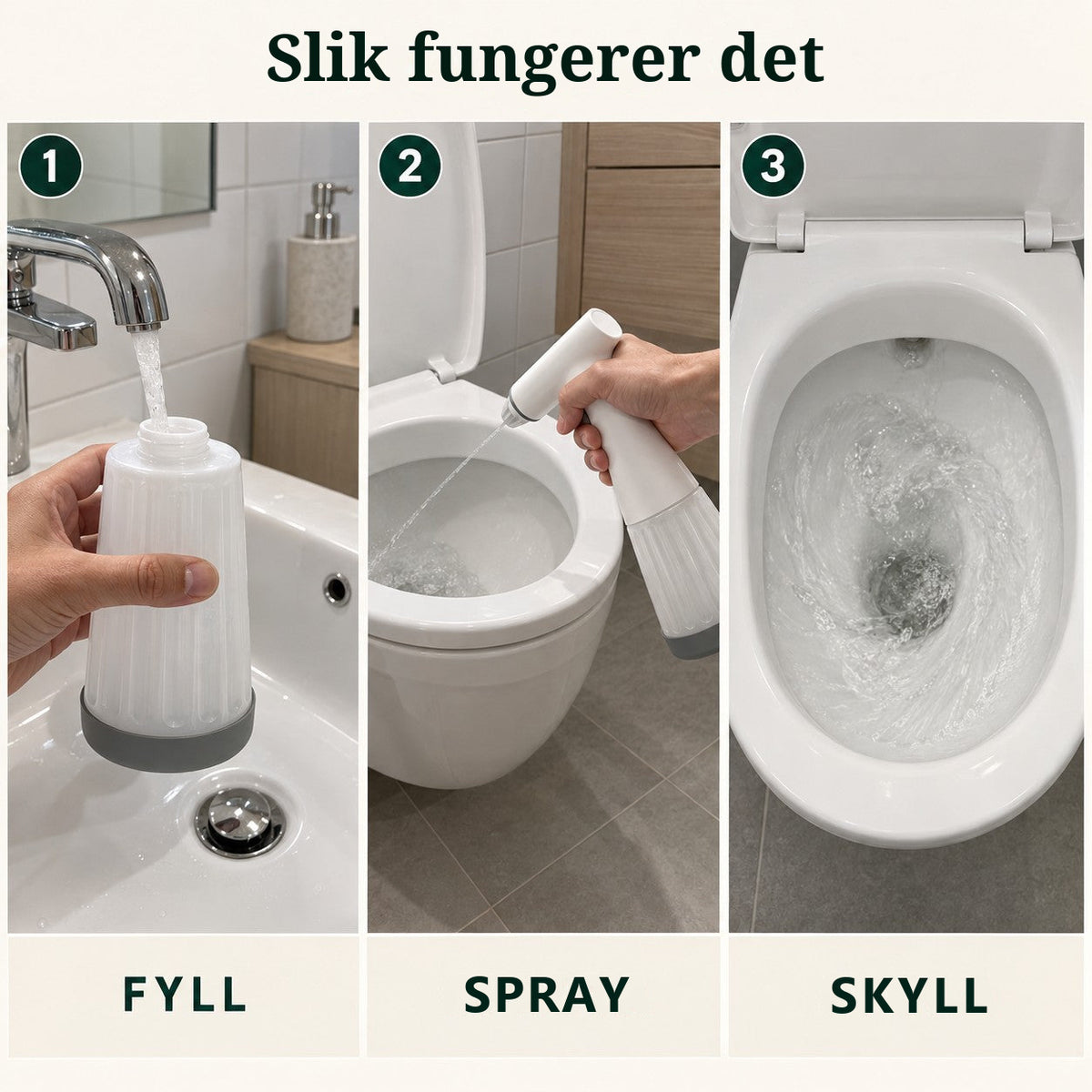 Slik fungerer WC-spyleren: fyll med vann fra springen, sprut i toalettskålen, skyll ned