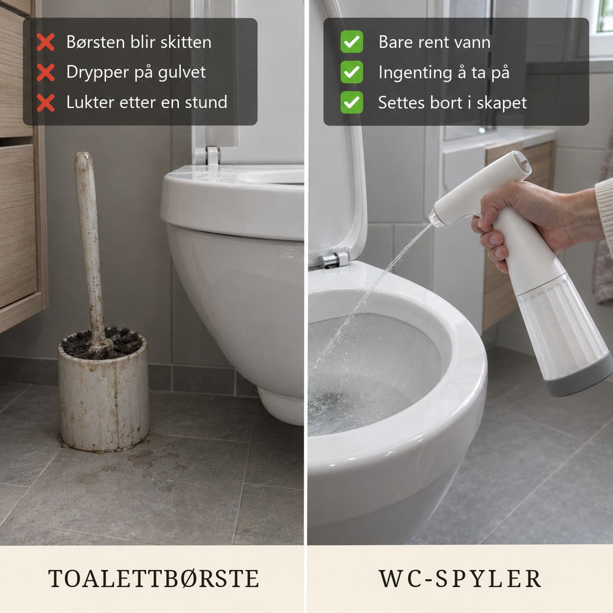 Skitten toalettbørste sammenlignet med WC-spyler som bare bruker rent vann