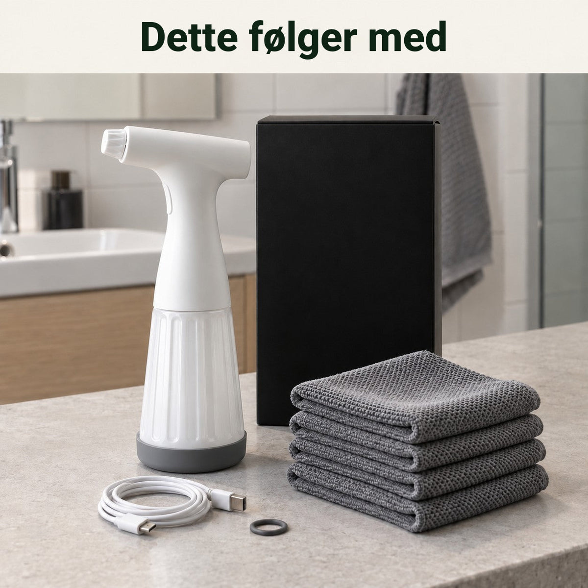 Dette følger med: WC-spyler, 4 mikrofiberkluter, ekstra O-ring og USB-C-kabel