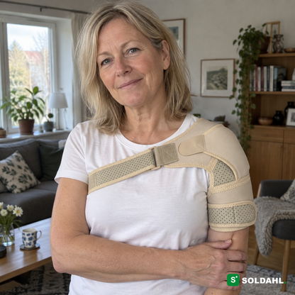 Kvinne bruker Soldahl Axello skulderstøtte hjemme