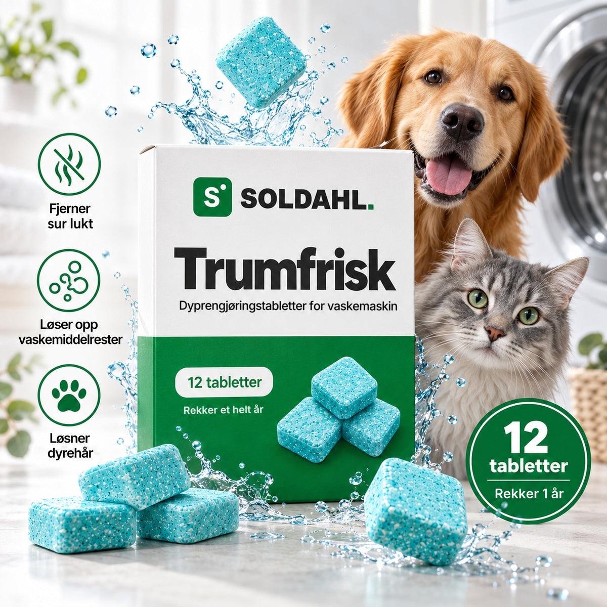 Soldahl Trumfrisk dyprengjøringstabletter med hund og katt, 12 tabletter