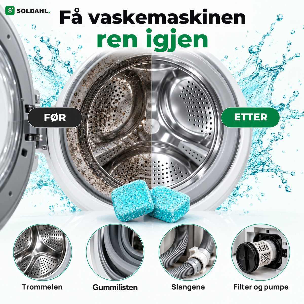 Før og etter: skitten og ren vaskemaskintrommel