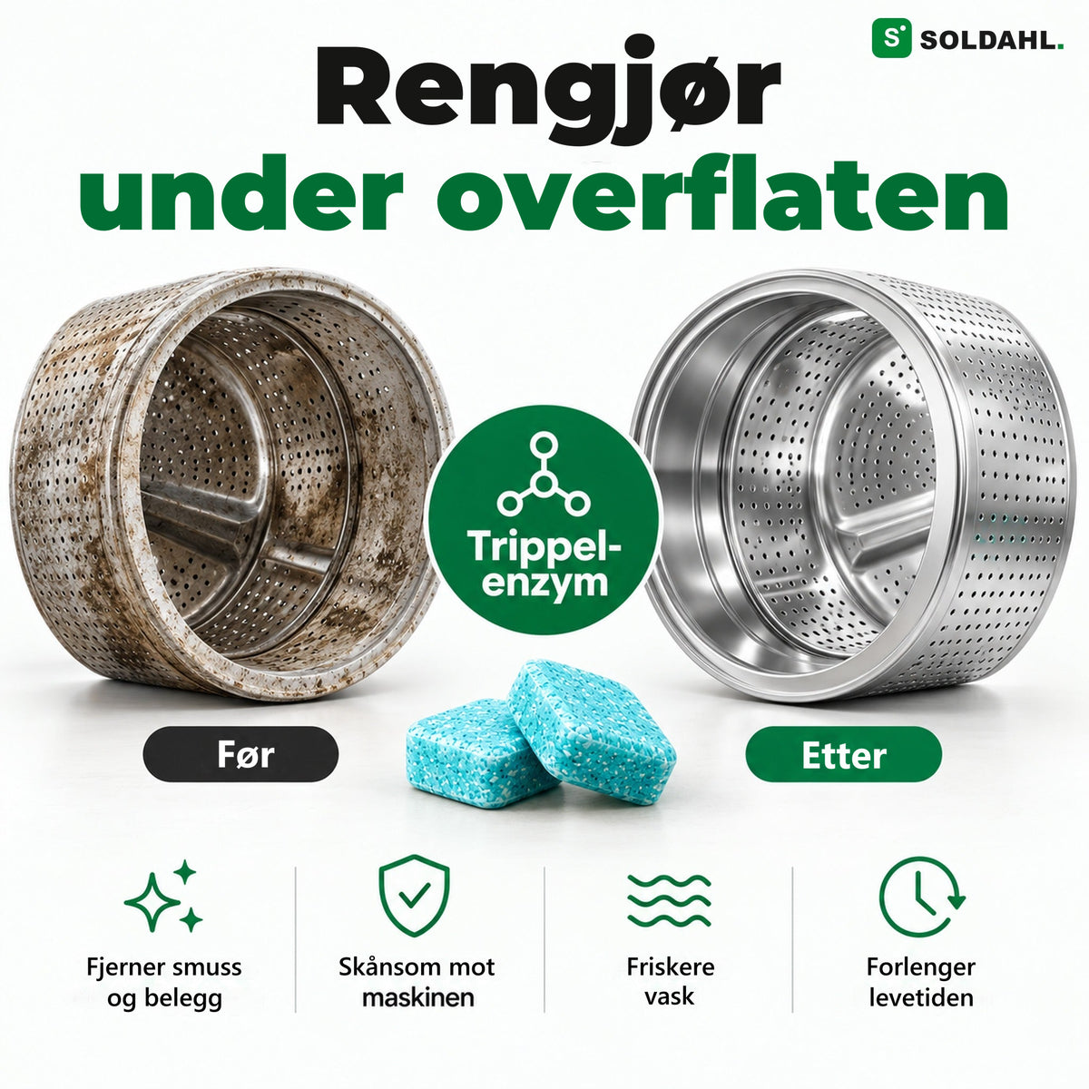 Rengjør under overflaten med trippel-enzym, før og etter