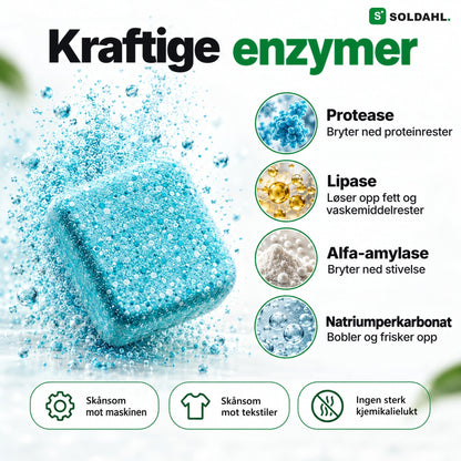 Kraftige enzymer: protease, lipase, alfa-amylase og natriumperkarbonat