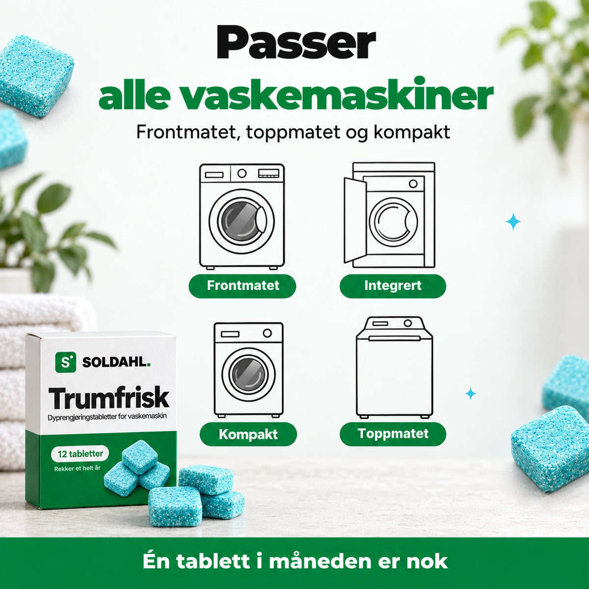 Passer frontmatede, toppmatede, kompakte og integrerte vaskemaskiner