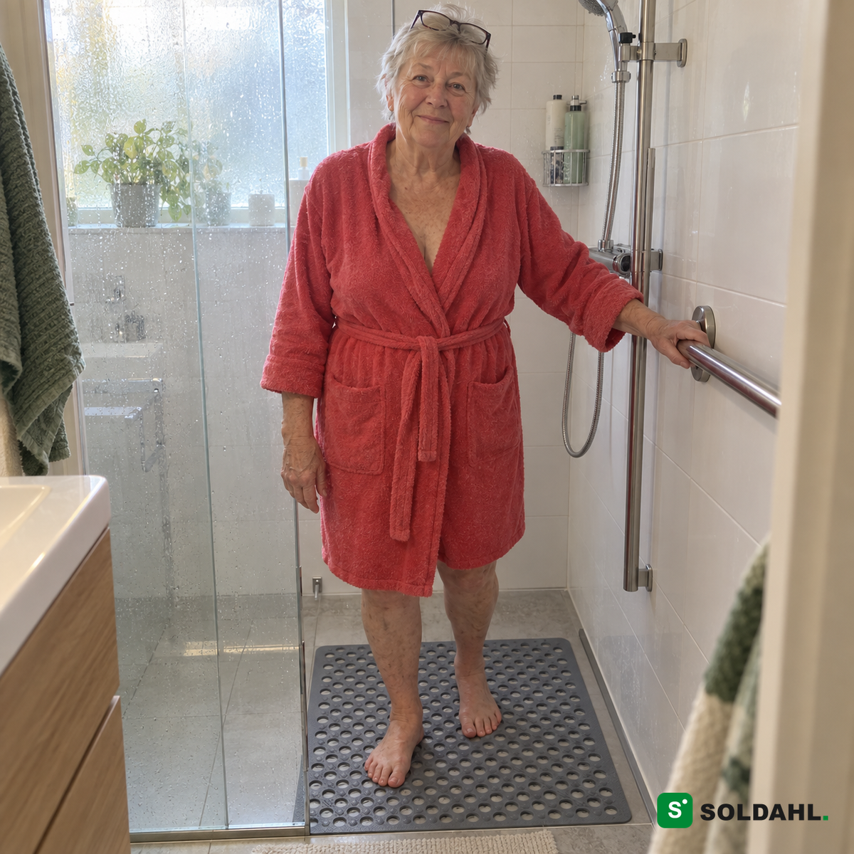 Eldre kvinne går trygt inn i dusjen med hånden på et støttehåndtak