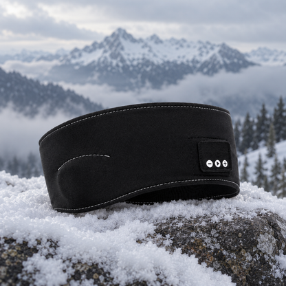 Svart Bluetooth-pannebånd på en snødekt stein på fjellet