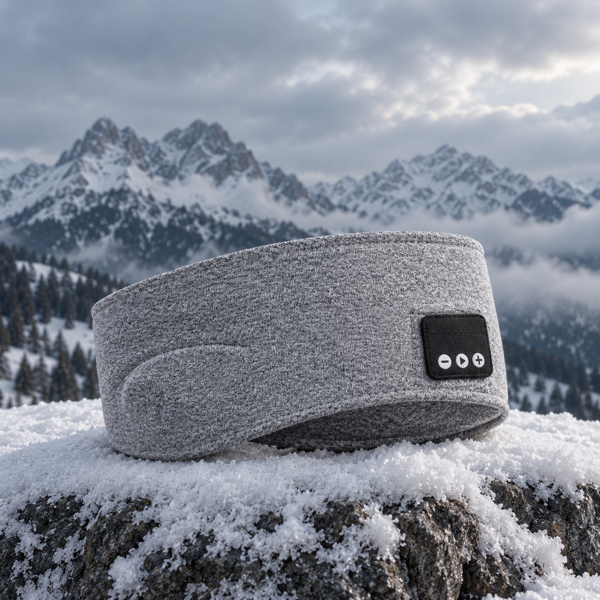 Grått Bluetooth-pannebånd på en snødekt stein på fjellet