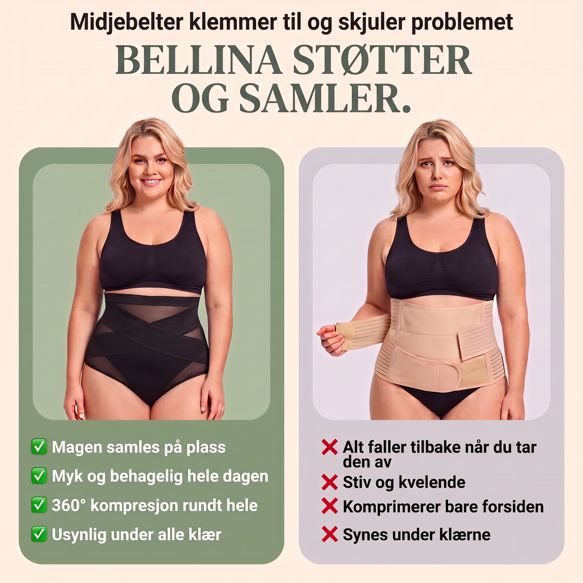 Bellina støtter og samler sammenlignet med stivt magebelte