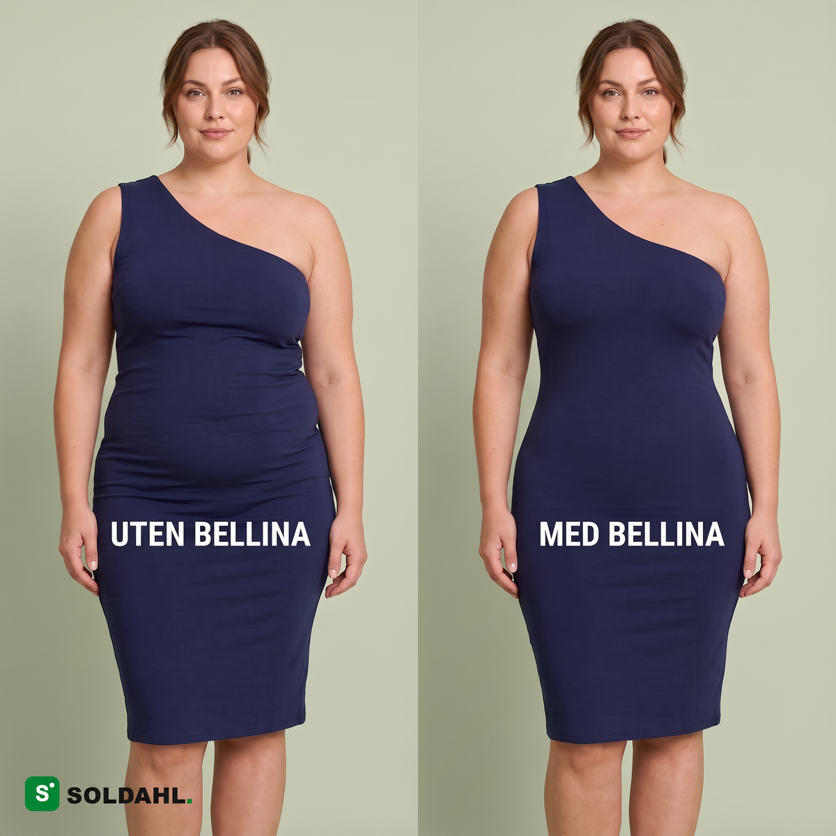 Samme marineblå kjole uten og med Bellina, jevnere linje over magen