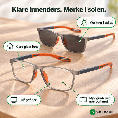 Bytfri multifokale lesebriller, klare innendørs og mørke i solen