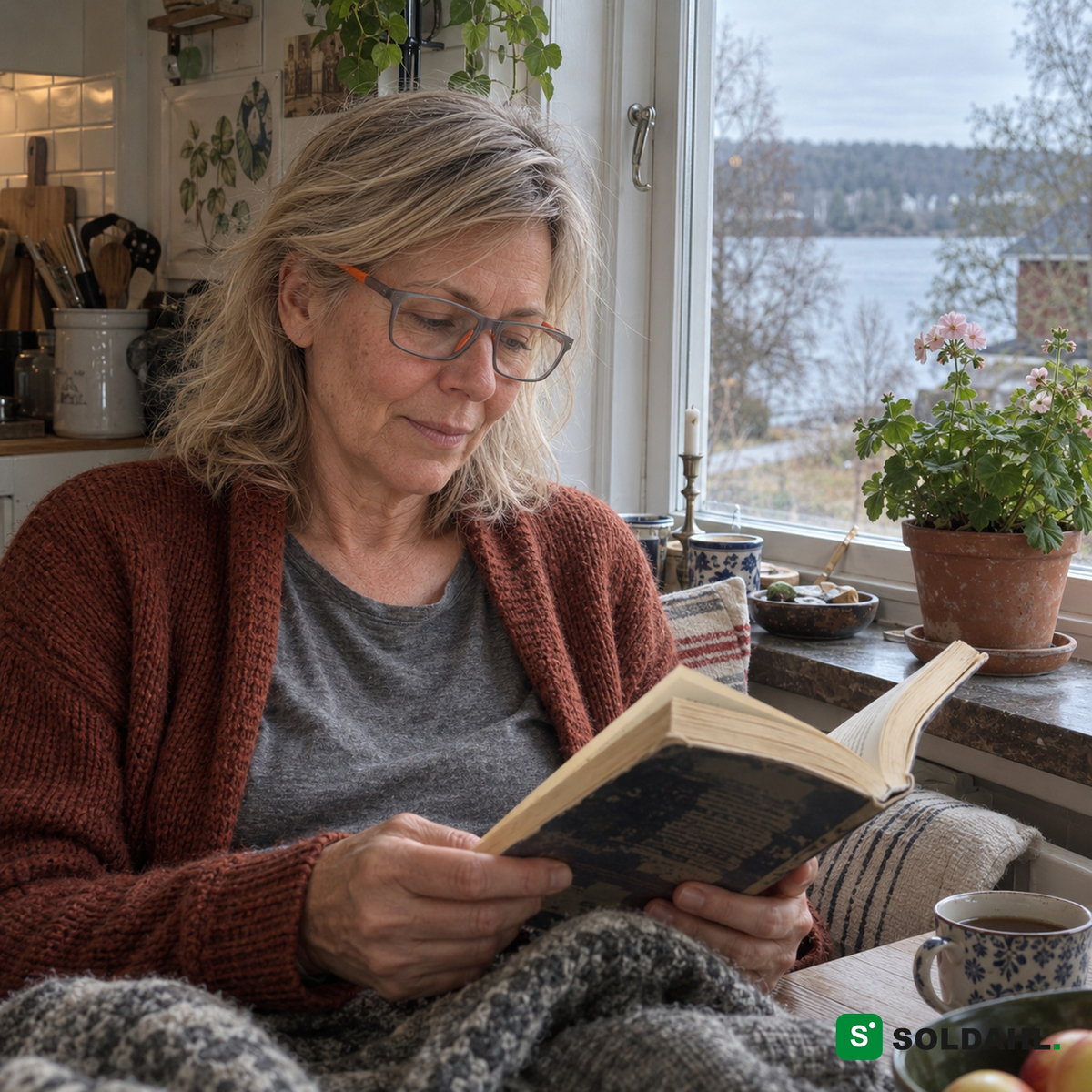 Kvinne som leser en pocketbok med Bytfri lesebriller i kjøkkenvinduet