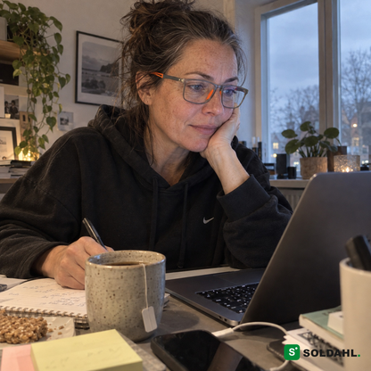 Kvinne ved hjemmekontor med Bytfri lesebriller foran bærbar PC