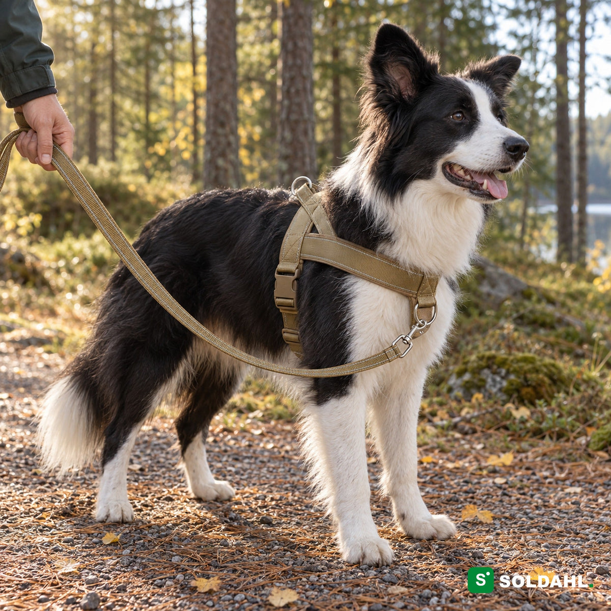 Border collie med khakifarget antitrekksele med feste foran på brystet på en skogssti