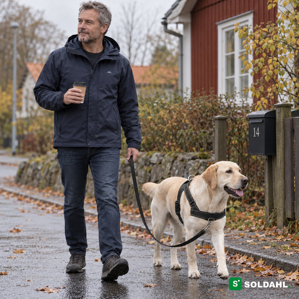 Mann går tur med gul labrador i svart antitrekksele med løst bånd i en høstlig villagate