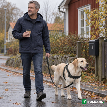 Mann går tur med gul labrador i svart antitrekksele med løst bånd i en høstlig villagate