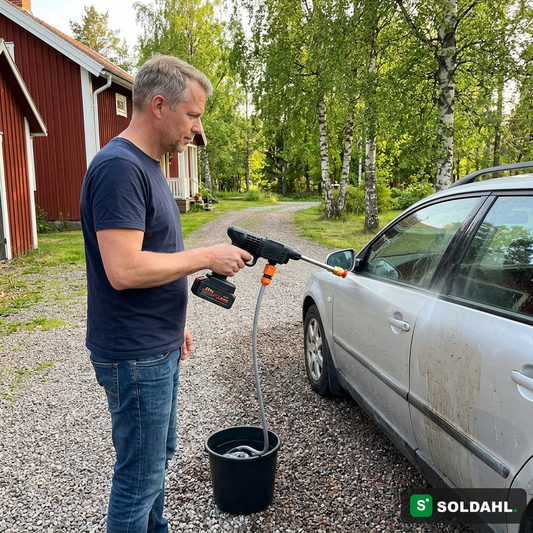 Bilvask i oppkjørselen med vann fra en bøtte, uten kran og uten stikkontakt