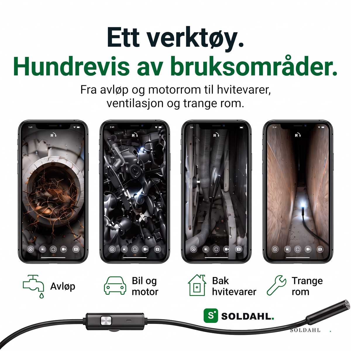 Hundrevis av bruksområder, avløp, bil og motor, bak hvitevarer