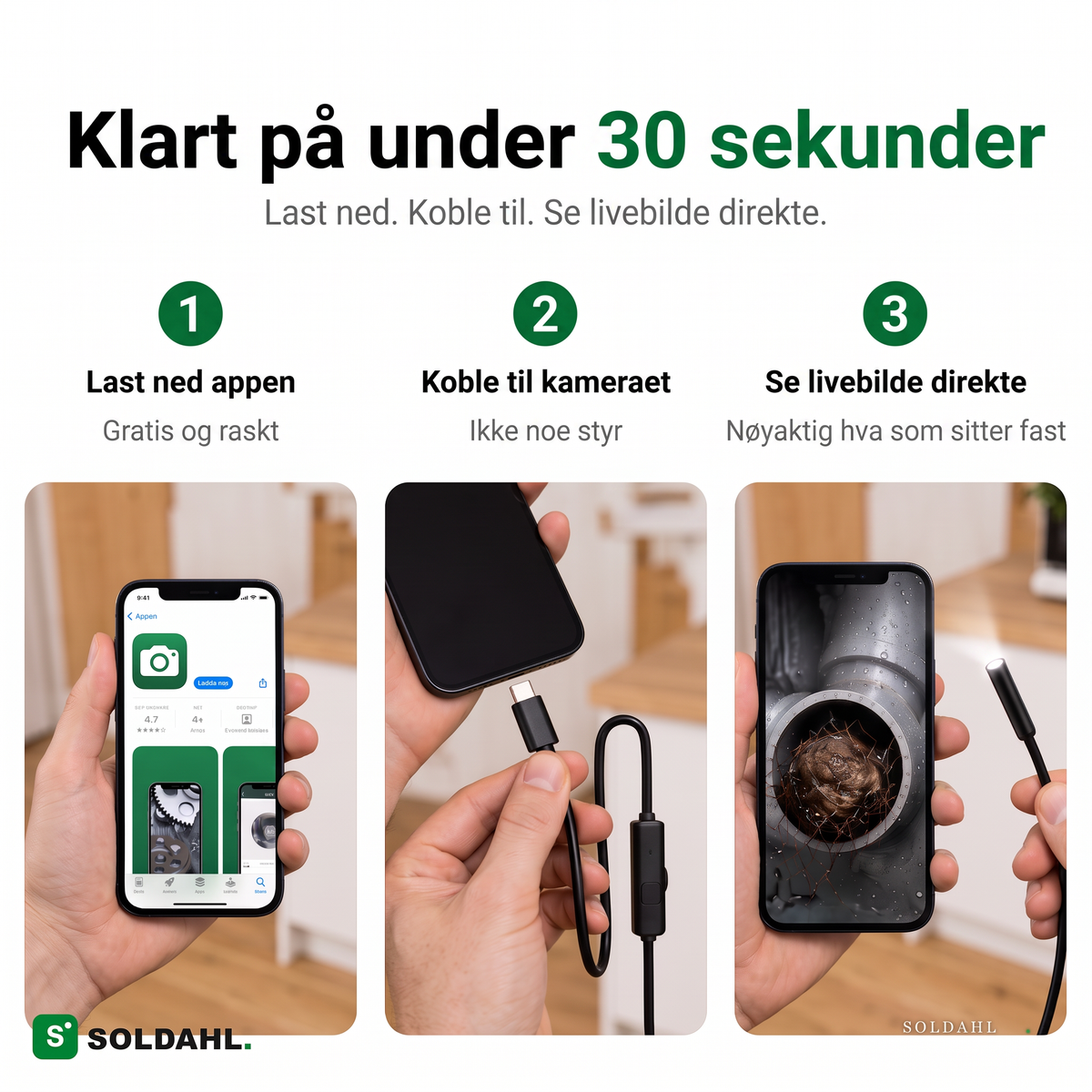 Klar på under 30 sekunder, last ned appen, koble til kameraet
