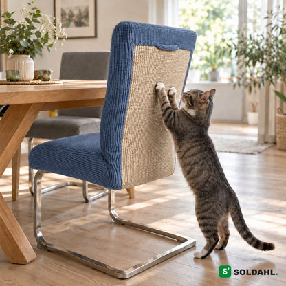 Blått stoltrekk med klorested i sisal på spisestol, katt klorer
