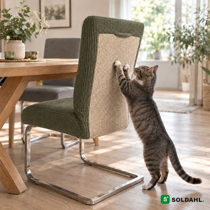 Olivengrønt stoltrekk med klorested i sisal på spisestol, katt klorer