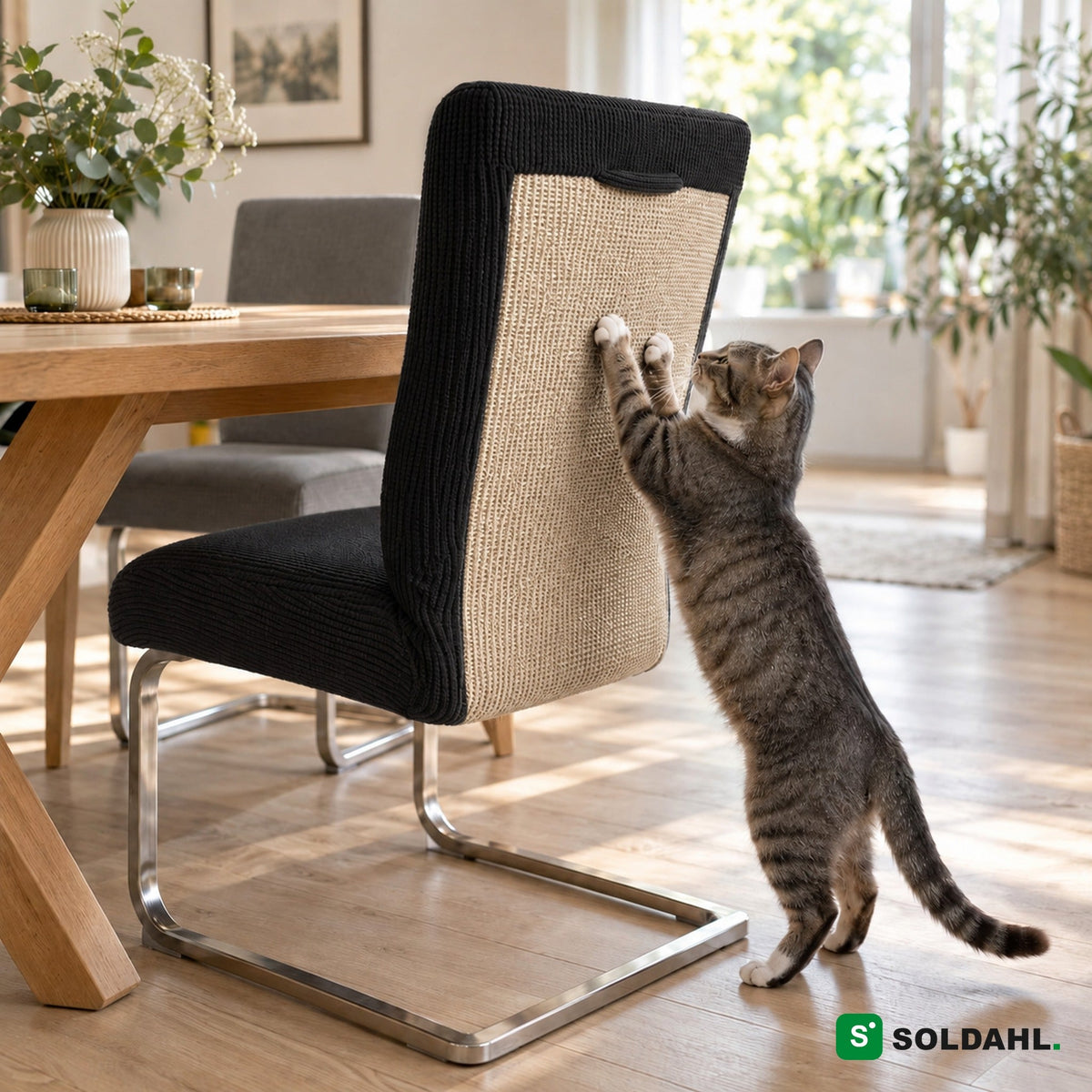 Svart stoltrekk med klorested i sisal på spisestol, katt klorer